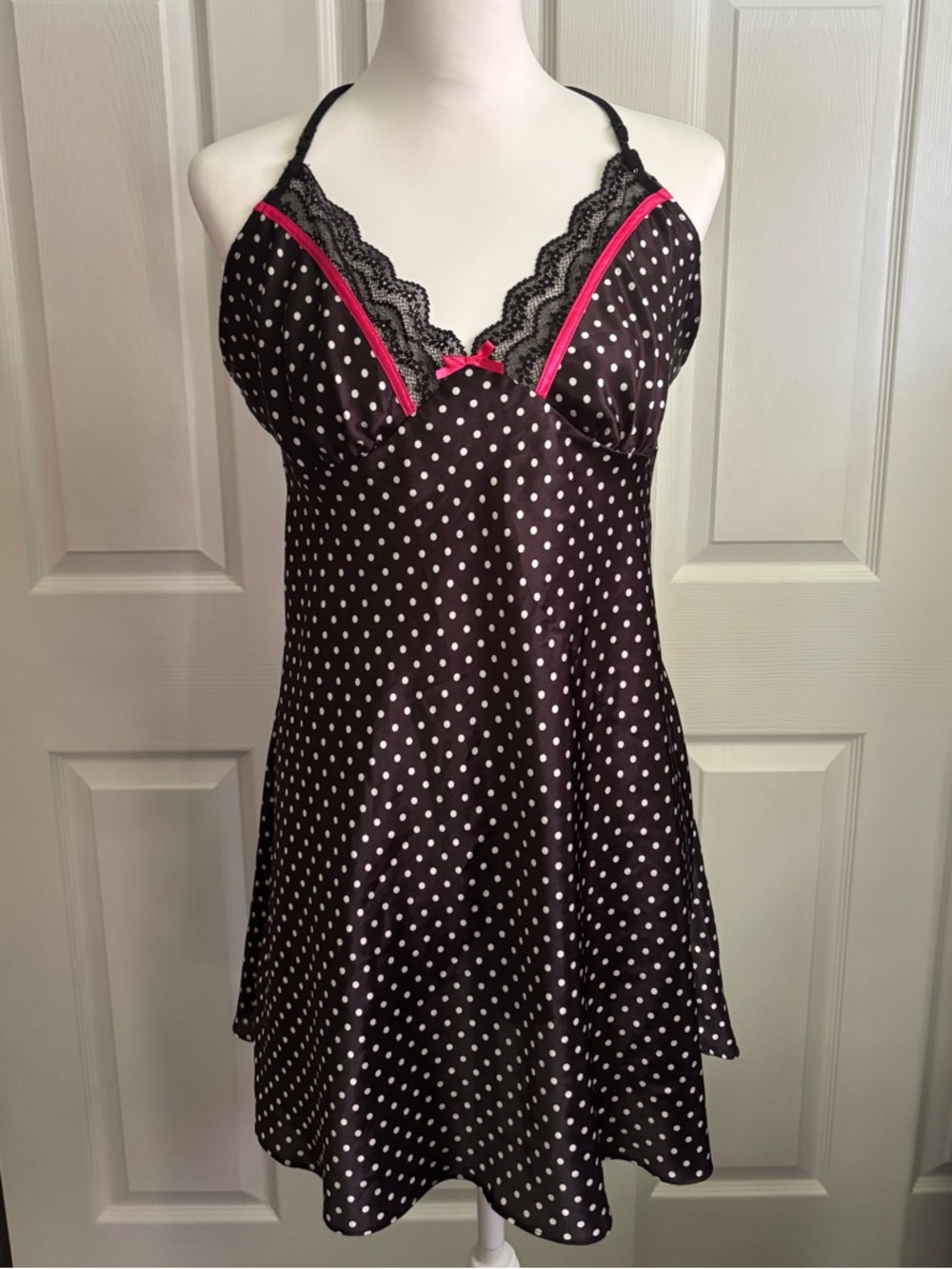 Apt. 9 Black Polka Dot Satin Lace Chemise Slip Dress Nightgown